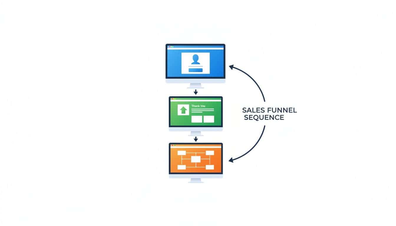 Pre-built sales funnel illustration depicting a landing page capturing email leads, thank you page with upsell offers, and backend sales path in clean modern web design on desktop view.