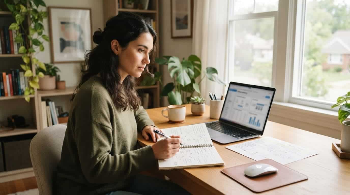 Beginner marketer reviewing a notebook and email planning sheet beside a laptop.