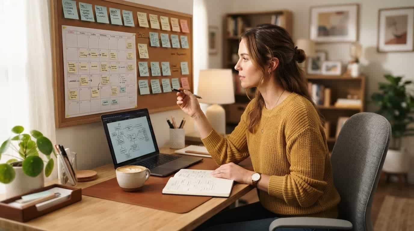 Business owner planning lessons with sticky notes, a calendar, laptop, and coffee at a home-office desk.