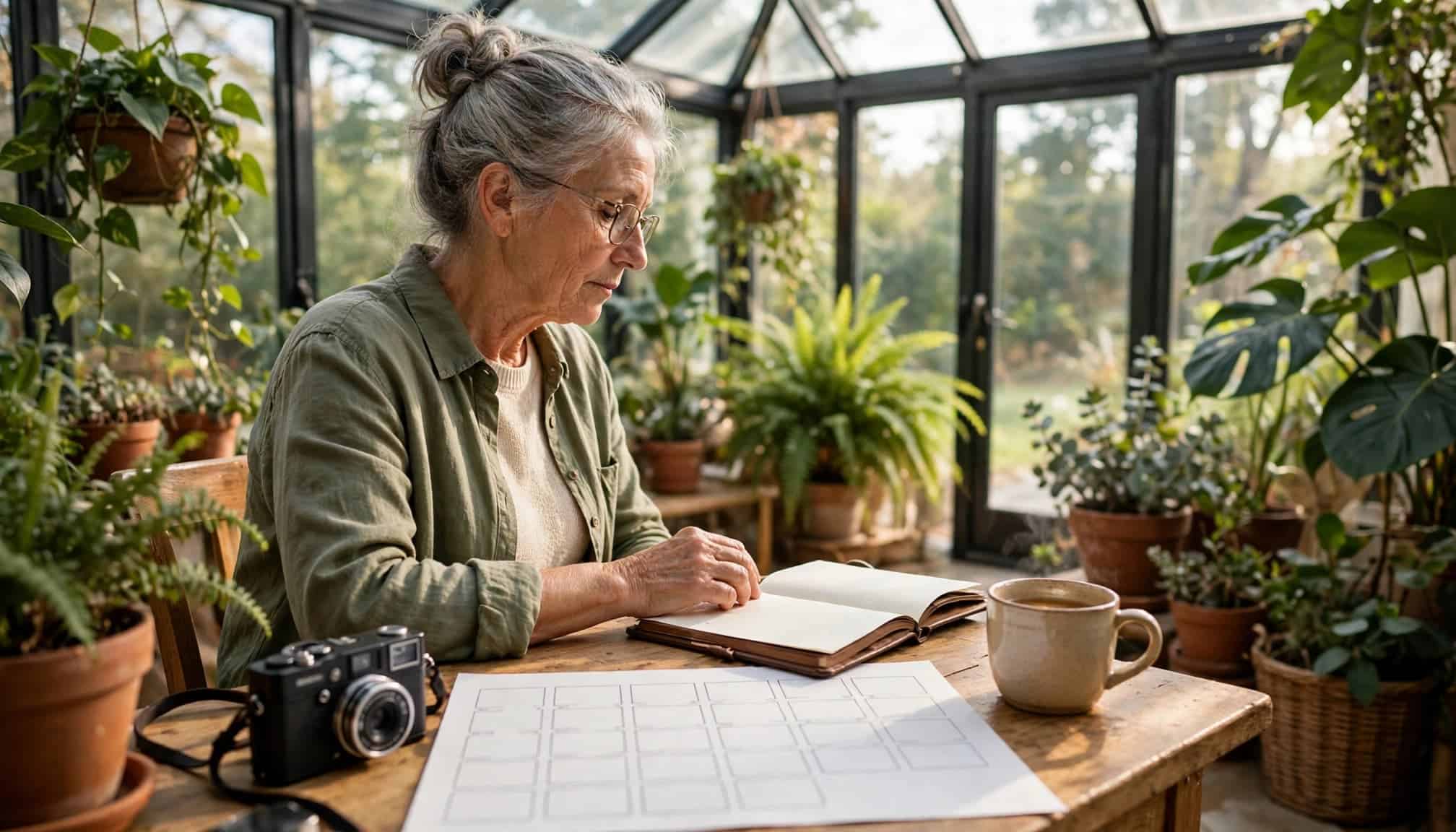An older blogger plans at a table with a notebook, calendar, camera, and mug.