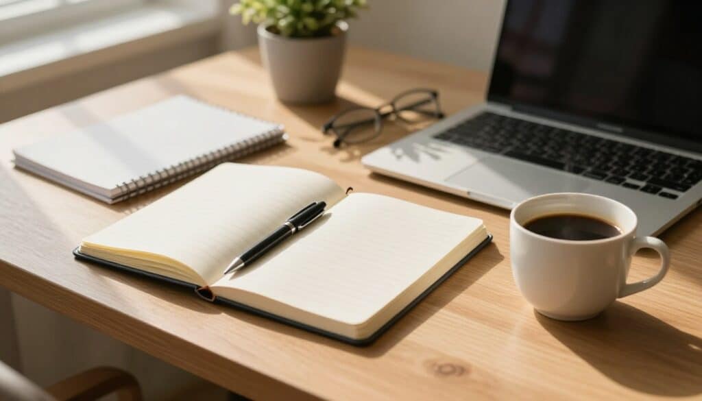 Minimalist desk with a notebook, laptop, coffee, glasses, and plant in warm sunlight.