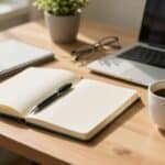 Minimalist desk with a notebook, laptop, coffee, glasses, and plant in warm sunlight.