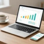 Laptop sales charts, a payment alert, notebook, and coffee on a tidy desk.