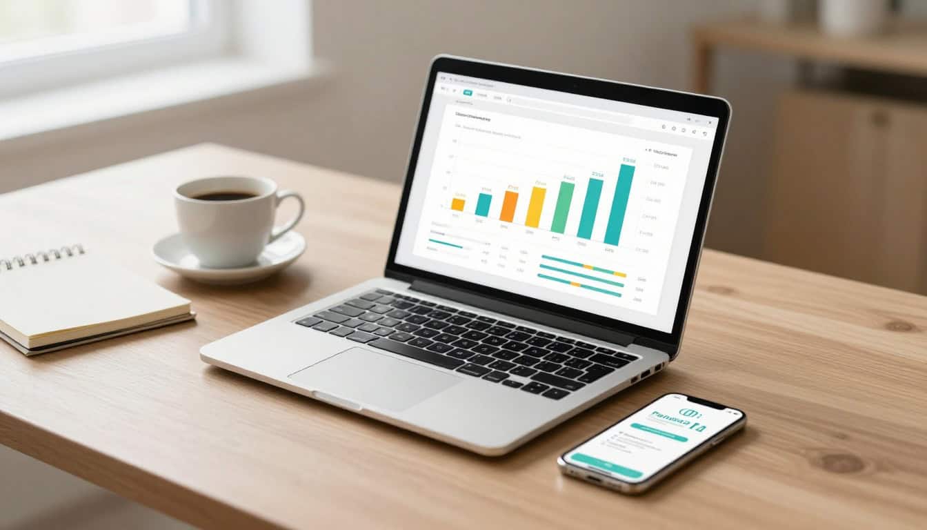 Laptop sales charts, a payment alert, notebook, and coffee on a tidy desk.