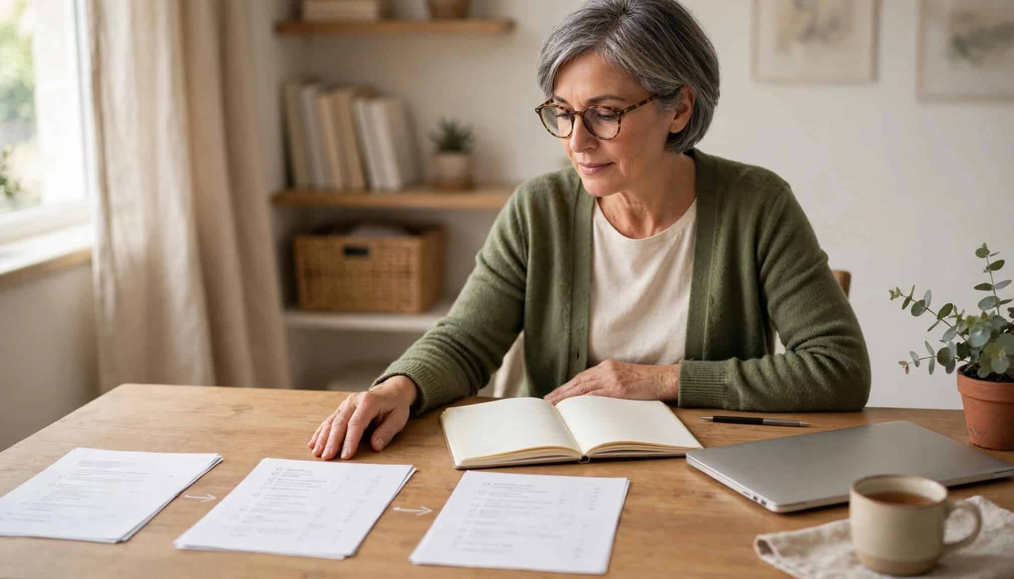 Best Way to Generate a Blog Subject That Works 2 A blogger organizes audience questions beside a notebook and laptop in a bright home study.