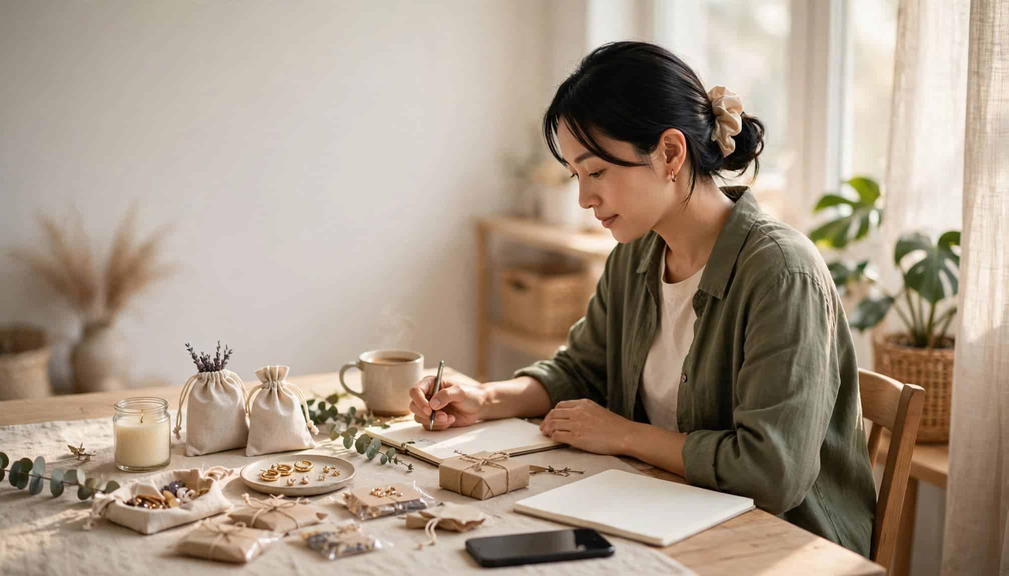 A business owner plans income ideas with products, a notebook, and a smartphone.