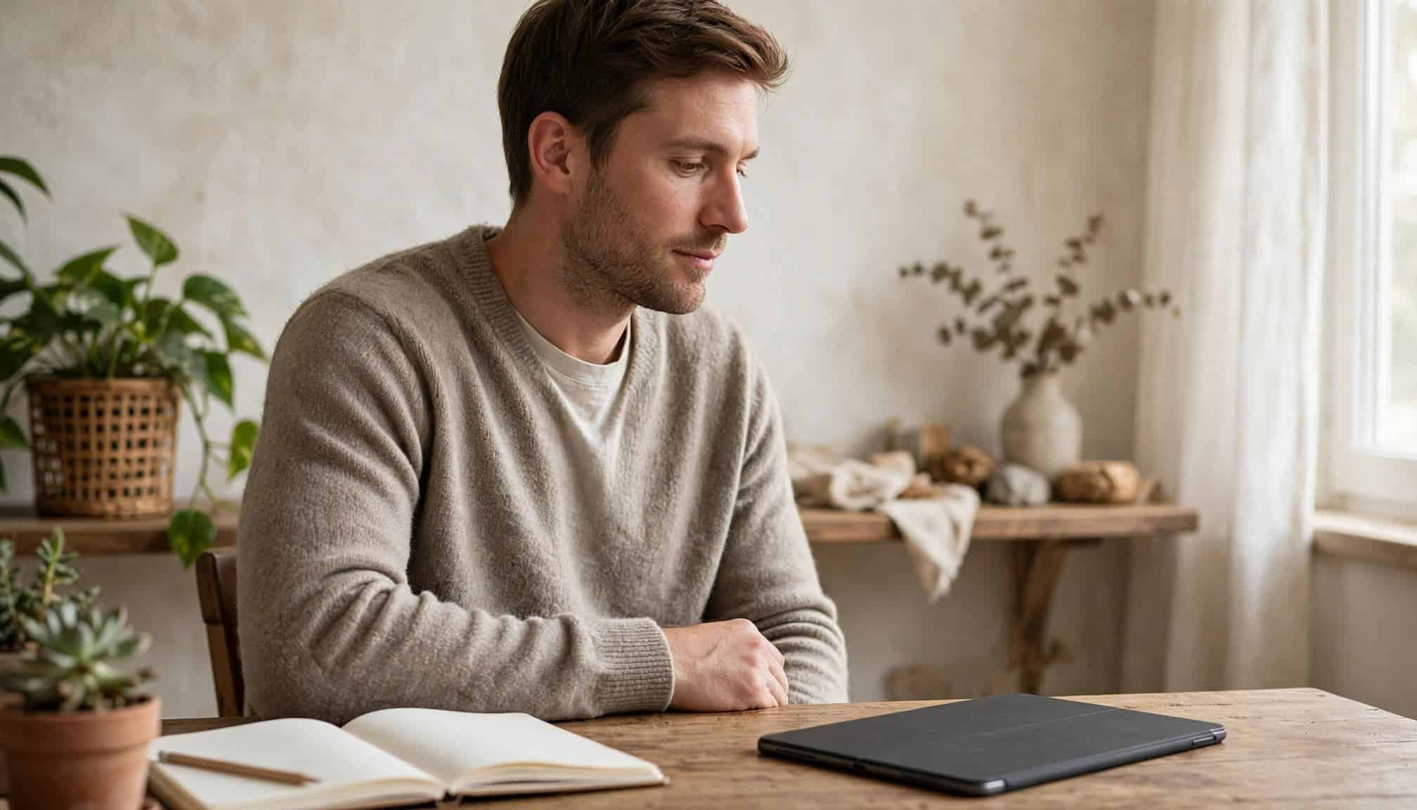 Commenting on WordPress.com vs WordPress.org: What Changes? 3 A seated business owner reviews a tablet beside a notebook and plant.