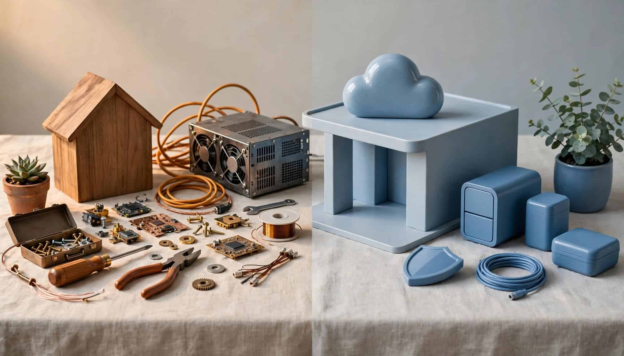 A miniature house with server equipment faces a neat hosted service building.