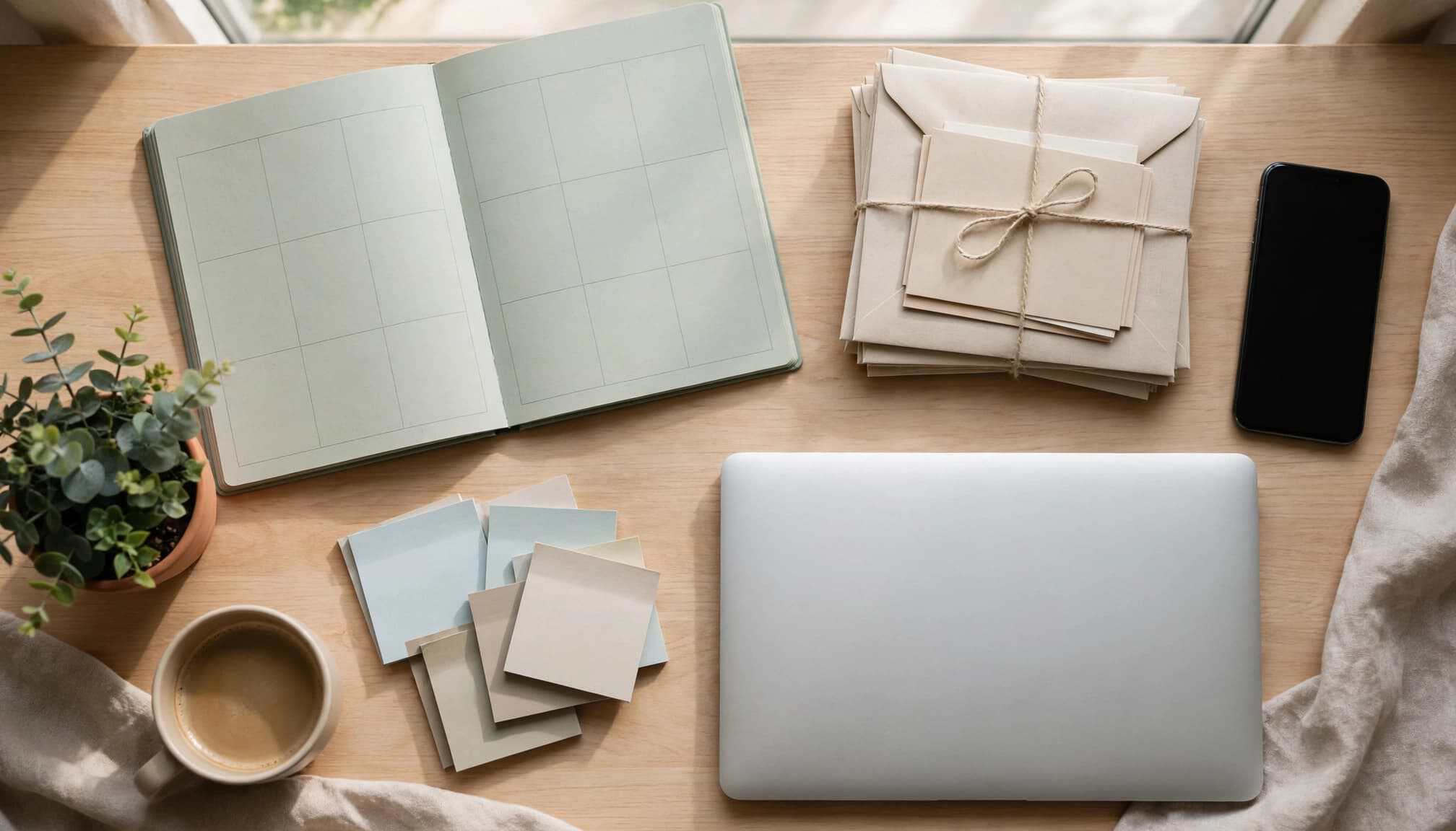 Overhead view of a planner, laptop, phone, notes, coffee, and plant in a home office.